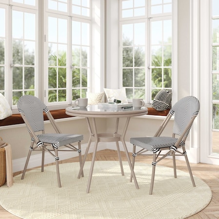 Flash Furniture Marseille French Bistro 31.5in. Table, Blk/Wht Textilene, Glss Top w/2 Stack Chairs - Light Natural SDA-AD641011-80-2107-BLKWH-LTNAT-GG